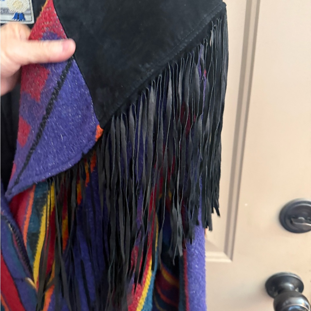 PIONEER Multicolor Southwestern Fringe Utility Jacket with Black Collar Vintage. - Picture 9 of 16